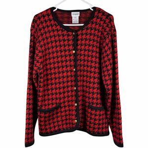 Vintage Liz Baker Cardigan Womens Size Small Red and Black Houndstooth Gold Tone